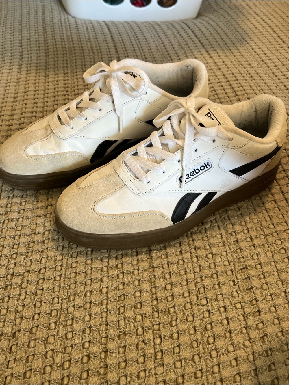 Reebok Women’s Size 9 White Sneakers with Black Stripes and Gum Sole
